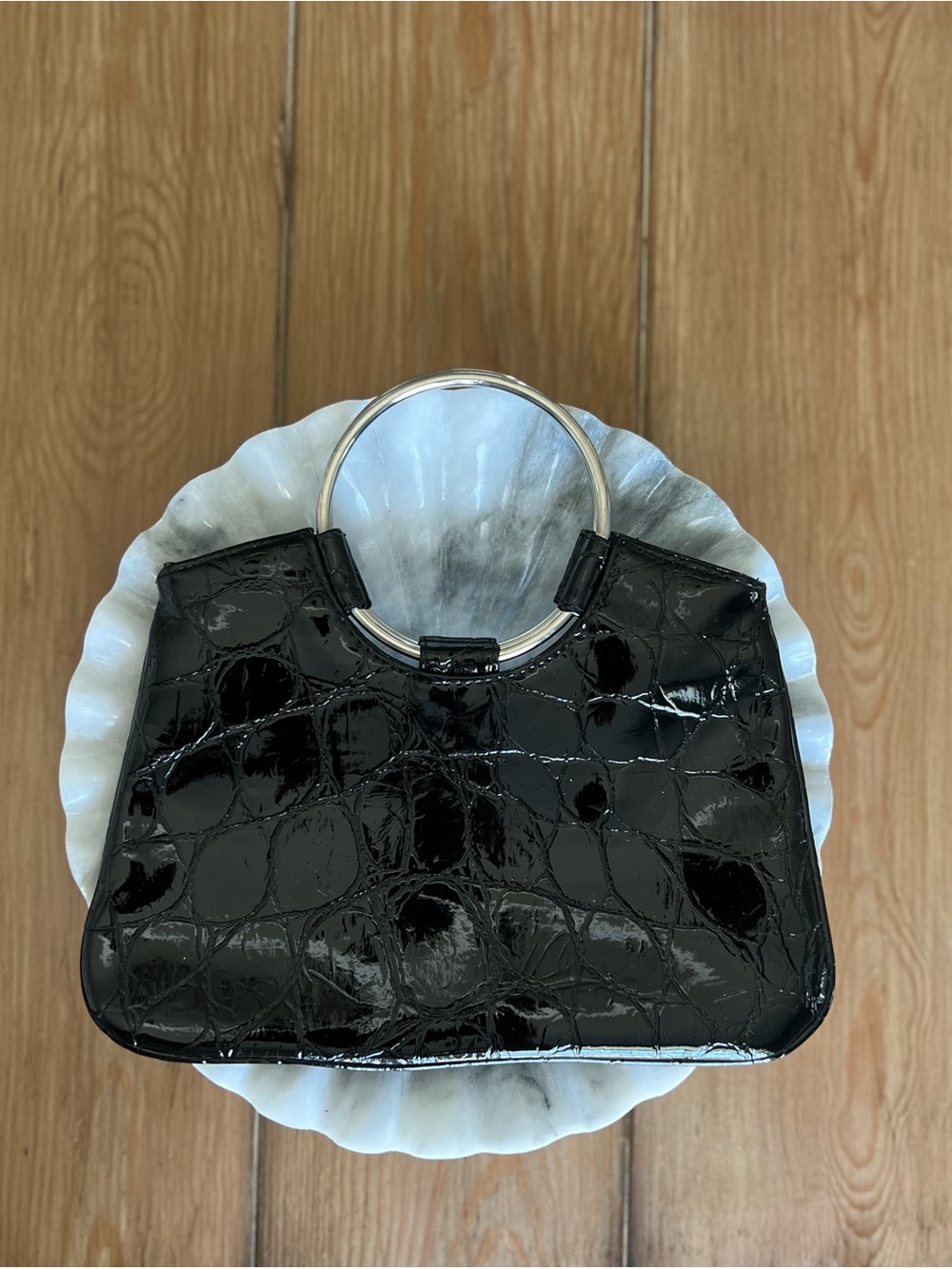 Black Faux Patent Croc-Embossed Ring Handle Mini Bag